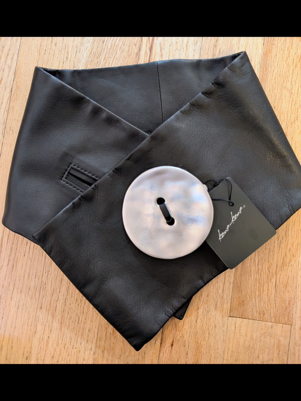 Black Genuine Leather Scarf with Signature Button Accent - Made In JAPAN - New